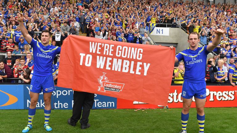 Brothers George (left) and Toby King celebrate after Warrington's Challenge Cup semi-final win over Wakefield