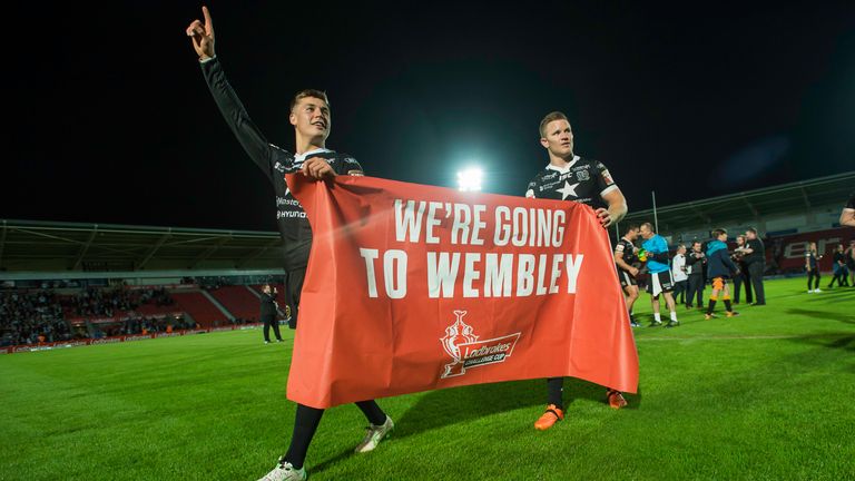 Jamie Shaul and Steve Michaels lead the celebrations after Hull FC's Challenge Cup semi-final win over Wigan