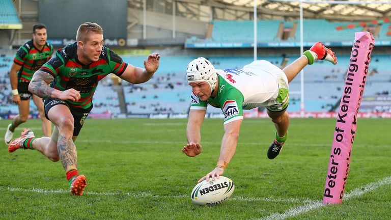 Jarrod Croker dives to score a try against the Rabbitohs