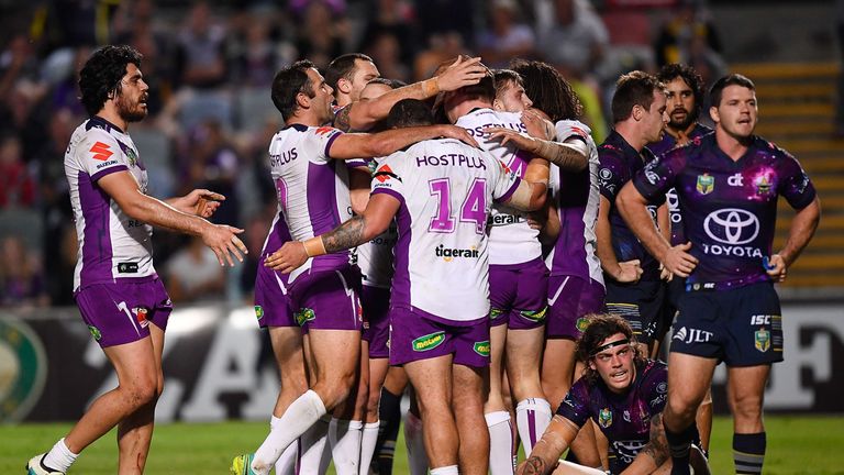 Melbourne mob Tim Glasby after his try against North Queensland