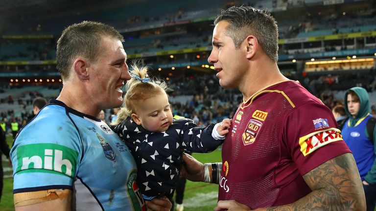 Retiring players Paul Gallen and Corey Parker speak after the final whistle