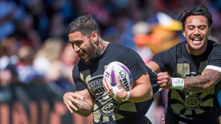 Rangi Chase warms up ahead of Castleford's game with Catalans