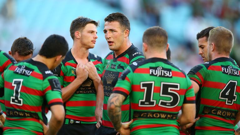 Sam Burgess talks to his team-mates after a Canberra Raiders try