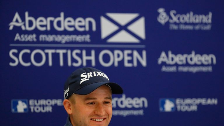 INVERNESS, SCOTLAND - JULY 05:  Russell Knox speaks to the media during practice for the AAM Scottish Open at Castle Stuart Golf Links on July 5, 2016 in I