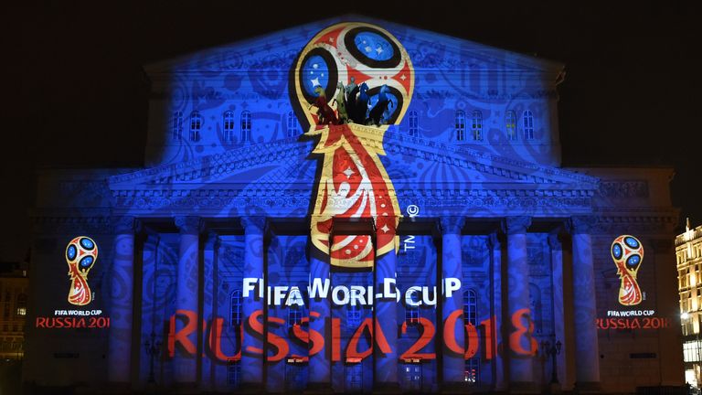 The Russia 2018 World Cup logo on the Bolshoi Theatre in Moscow