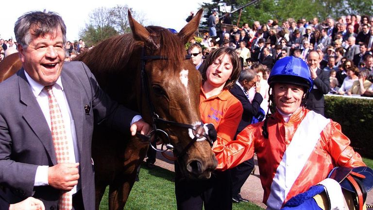 Kieren Fallon and Sir Michael Stoute celebrate the victory of Russian Rhythm in the 1000 Guineas at Newmarket in 2003.