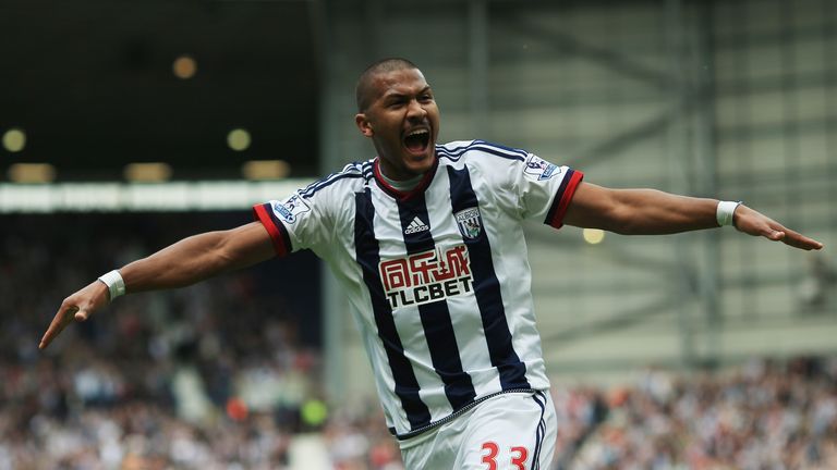 Salomon Rondon of West Bromwich Albion celebrates scoring his team's first goal during the Barclays Premier League match 