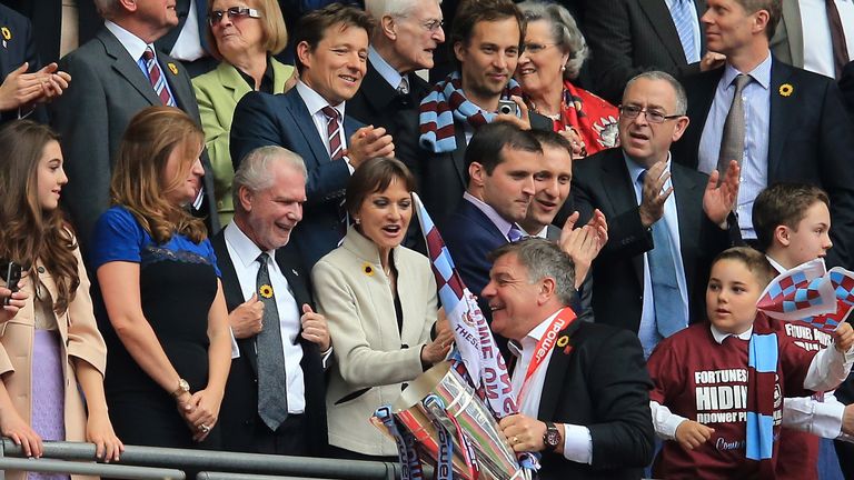 West Ham manager Sam Allardyce is congratulated by vice-chairman Karren Brady and chairman David Gold after victory in the Championship play-off final