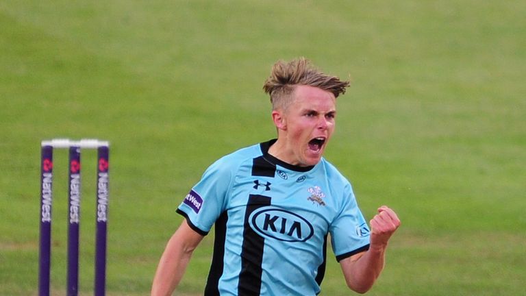 Sam Curran of Surrey celebrates after dismissing Hamish Marshall of Gloucestershire during the Natwest T20 Blast match