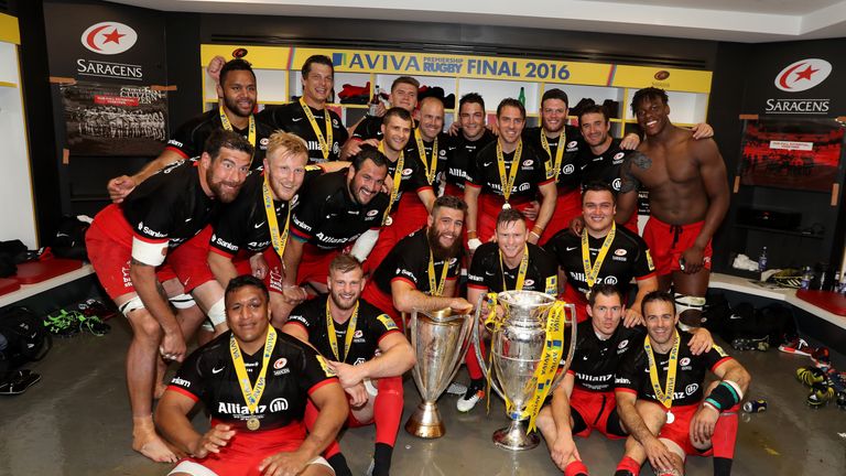 LONDON, ENGLAND - MAY 28:  Saracens celebrate after their victory during the Aviva Premiership final match between Saracens and Exeter Chiefs at Twickenham