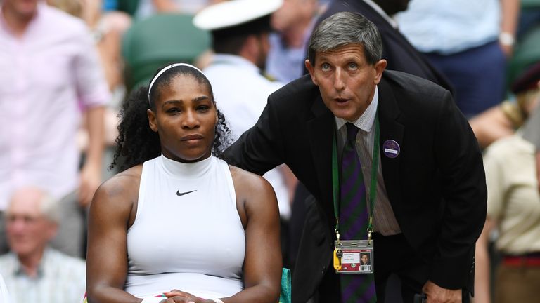 LONDON, ENGLAND - JULY 04:  Serena Williams of The United States speaks to Andrew Jarrett the Tournament Referee during the Ladies Singles fourth round mat