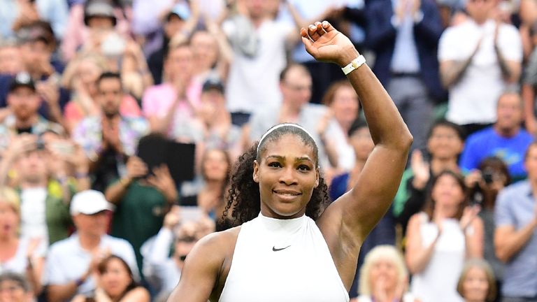 US player Serena Williams celebrates beating Russia's Svetlana Kuznetsova during their women's singles fourth round match on the eighth day of the 2016 Wim