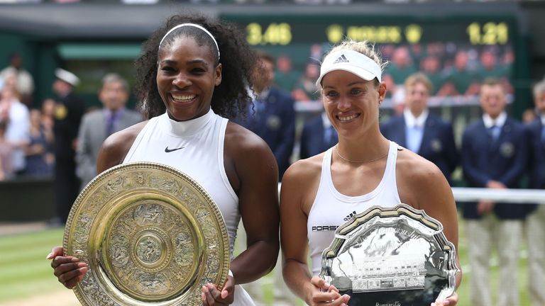 Serena Williams (L) poses with the Venus Rosewater Dish next to runner up Angelique Kerber