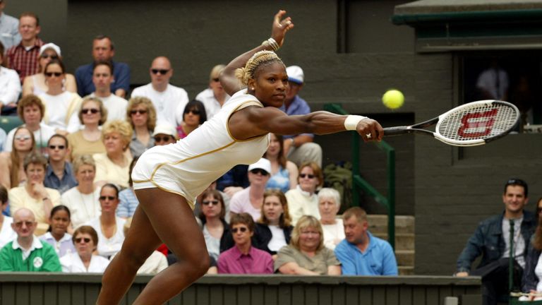 WIMBLEDON, UNITED KINGDOM:  US Serena Williams plays a backhand during the Women's final against her sister Venus at the Wimbledon Tennis Championships, 06