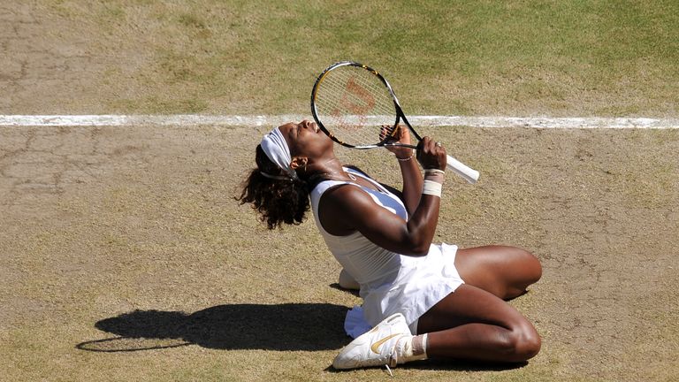 Serena Williams celebrates after beating her sister Venus 7-6, 6-2, during their Women's Singles Final of the 2009 Wimbledon Tennis Championships at the Al