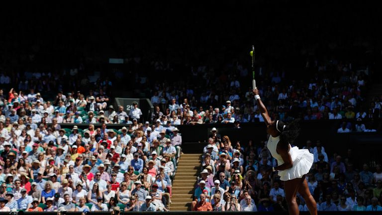 LONDON, ENGLAND - JULY 07:  Serena Williams of The United States serves during the Ladies Singles Semi Final match against Elena Vesnina of Russia on day t