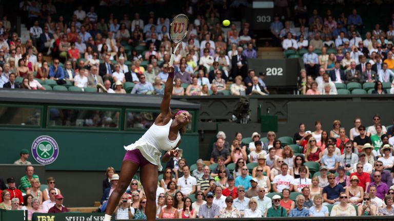 LONDON, ENGLAND - JUNE 28:  Serena Williams of the USA serves during her Ladies' Singles second round match against Melinda Czink of Hungry on day four of 