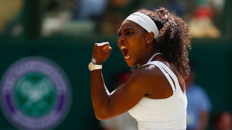 LONDON, ENGLAND - JULY 11:  Serena Williams of the United States celebrates winning a point in the Final Of The Ladies' Singles against Garbine Muguruza of