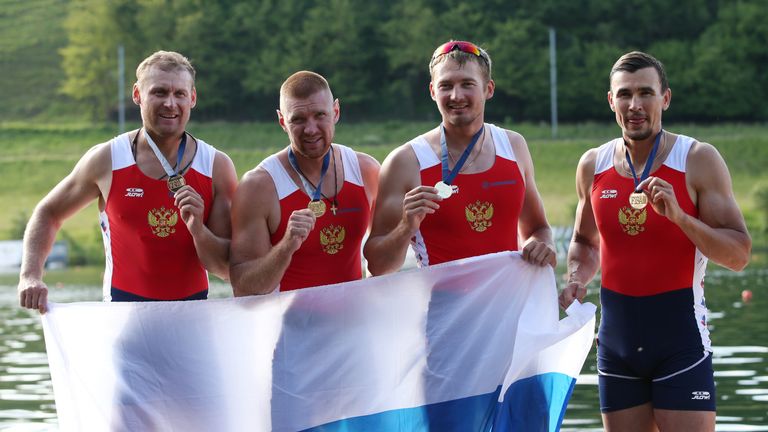 Sergey Fedorovtsev (right) with Nikita Morgachev, Artem Kosov andVladislav Ryabcev after qualifying for Rio in Lucerne on May 24