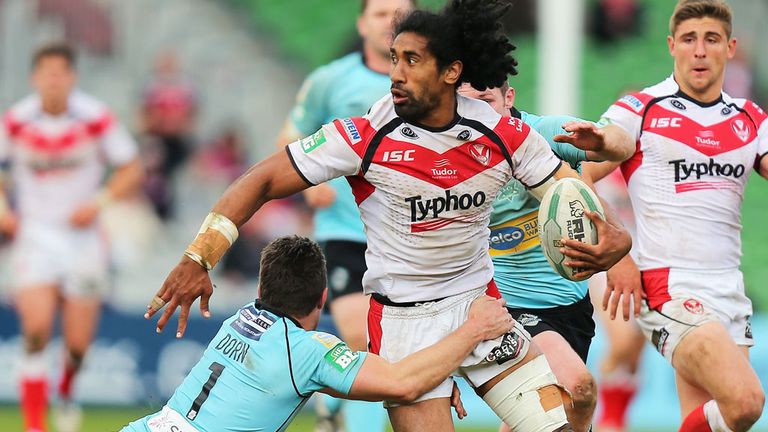 Former St Helens forward Sia Soliola in tackled during a game with London Broncos