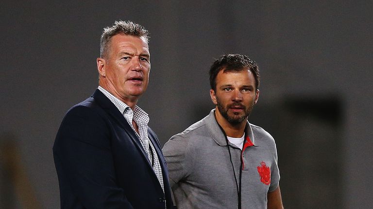 AUCKLAND, NEW ZEALAND - APRIL 10 2015:  Sir John Kirwan looks on with All Whites head coach Anthony Hudson prior to a rugby match at Eden Park