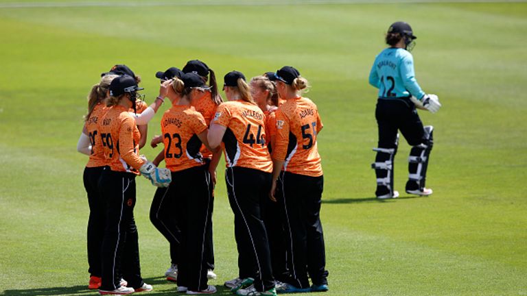SOUTHAMPTON, ENGLAND - JULY 31: Southern Vipers players celebrate the wicket of Tammy Beaumont of the Surrey Stars during the Kia Super League women's cric