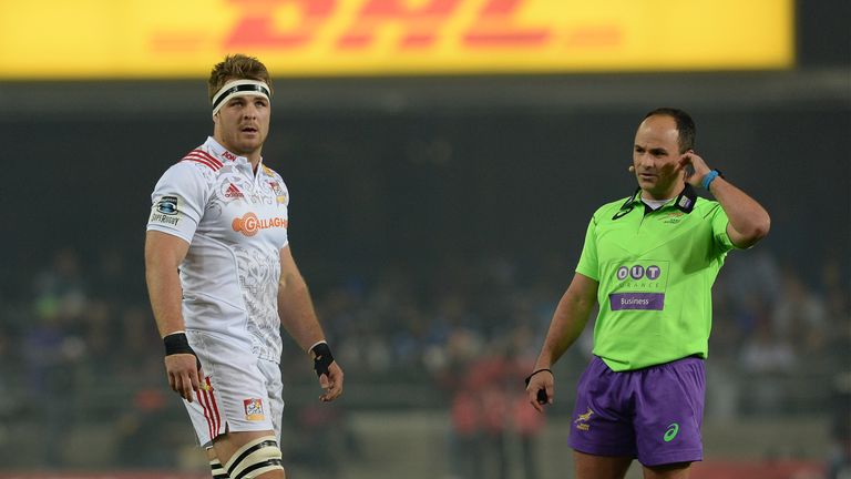 CAPE TOWN, SOUTH AFRICA - JULY 23: Jaco Peyper (Referee) and Sam Cane co-captain of the Chiefs during the Super Rugby Quarter Final match between the DHL S