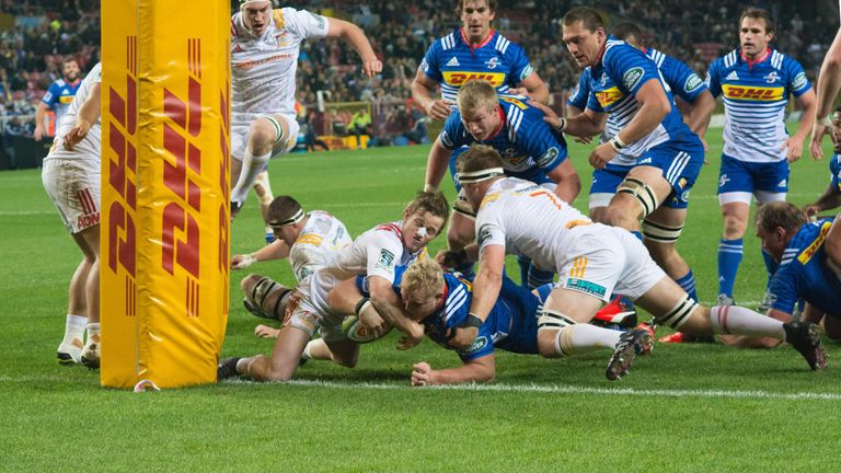 Stormers' Vincent Koch powers over for his first try of the match