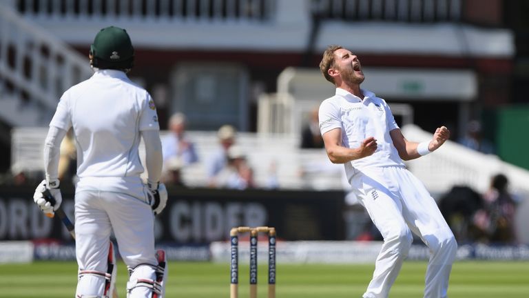 England bowler Stuart Broad celebrates after dismissing Pakistan batsman Mohammad Hafeez during day three of the 1st Test