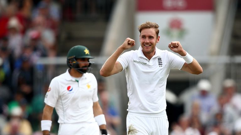 Stuart Broad of England celebrates the wicket of Asad Shafiq during day three of the 2nd Investec Test v Pakistan