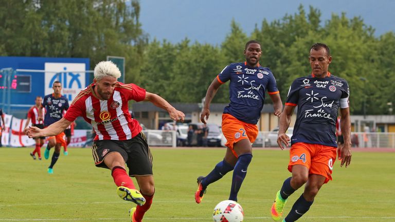 Fabio Borini of Sunderland (L) scores the opening goal during the pre-season friendly match between Sunderland AFC and Montpellier