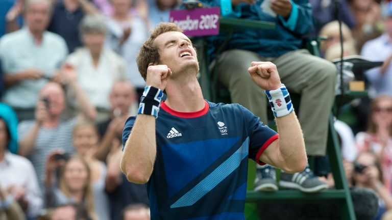 Andy Murray celebrates after defeating Marcos Baghdatis at the 2012 London Olympic Games