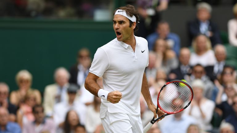 Roger Federer celebrates during the Men's Singles Semi Final match against Milos Raonic