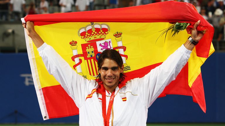 Rafa Nadal celebrates winning gold against Fernando Gonzalez during the men's singles gold medal match in Beijing
