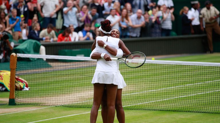 LONDON, ENGLAND - JULY 09:  Venus Williams of The United States and Serena Williams of The United States celebrate victory in the Ladies Doubles Final agai