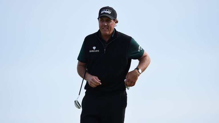 Phil Mickelson reacts on the 17th Green during his first round 63 on the opening day of the 2016 Open Golf Championship