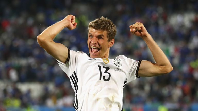 BORDEAUX, FRANCE - JULY 02:  Thomas Mueller of Germany celebrates victory after winning  the UEFA EURO 2016 quarter final match between Germany and Italy a