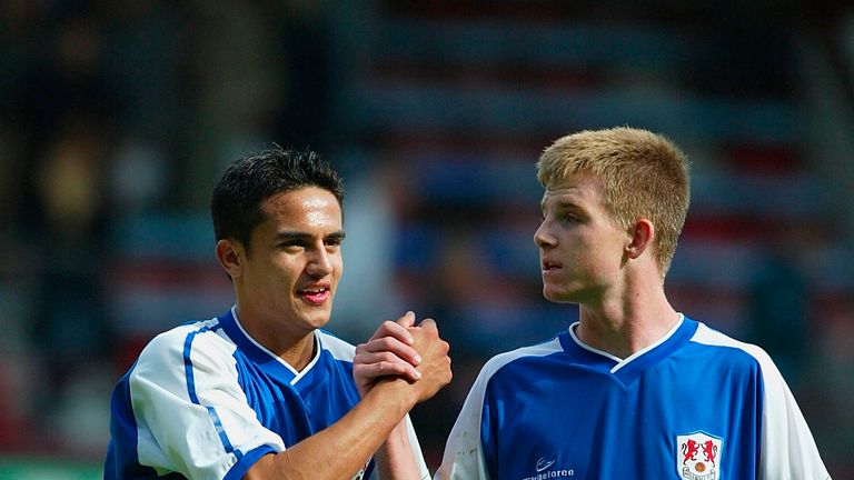 LONDON - SEPTEMBER 28:  Tim Cahill of Millwall gets congratulated by Tony Craig of Millwall after scoring during the Nationwide first division match betwee