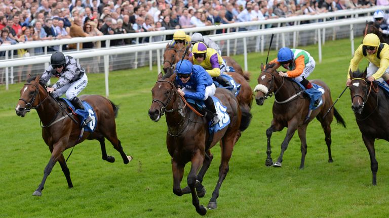Timeless Flight ridden by James McDonald (centre) wins the John Smith's Median Auction Stakes during the John Smith's Cup Meeting at York Racecourse. PRESS