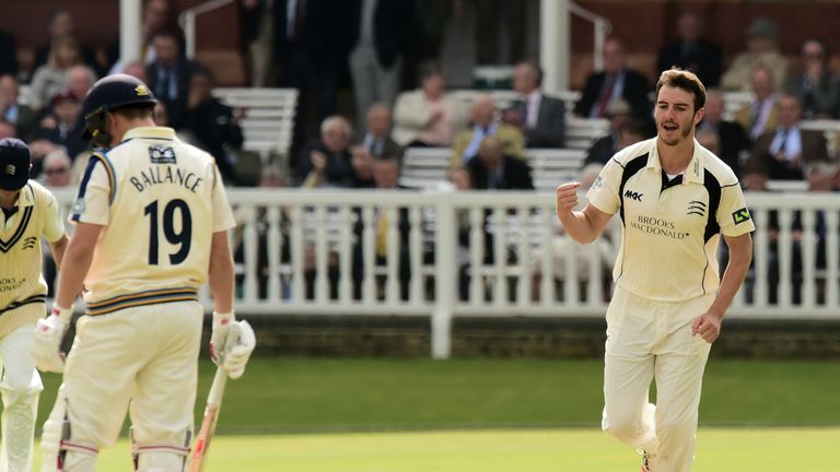 Middlesex's Toby Roland-Jones celebrates taking the wicket of Yorkshire's Gary Ballance
