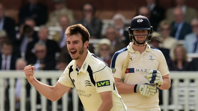 Middlesex's Toby Roland-Jones celebrates taking the wicket of Yorkshire's Gary Ballance