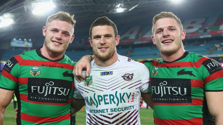 SYDNEY, AUSTRALIA - JUNE 26:  Brothers Tom Burgess of the Rabbitohs, Luke Burgess of the Eagles and George Burgess of the Rabbitohs pose for a photo after 