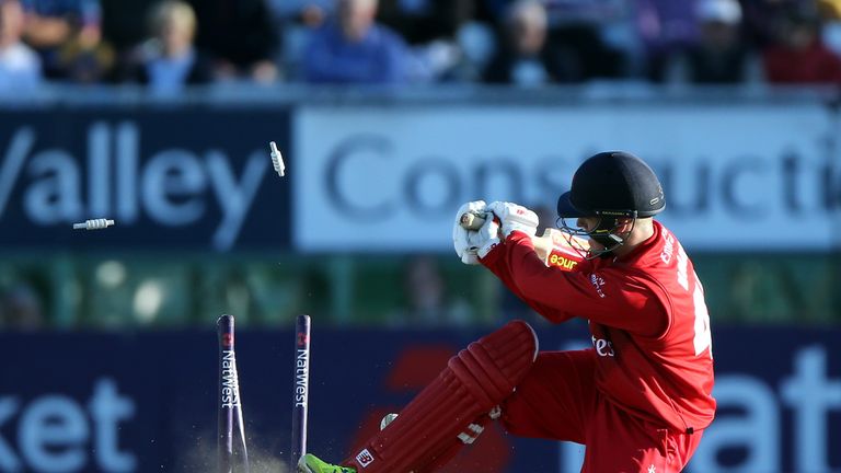  Tom Moores of Lancashire Lightning is bowled out by James Neesham of Derbyshire