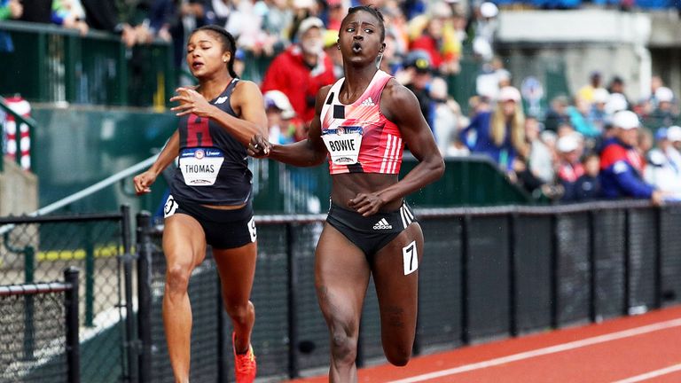 Tori Bowie crosses the line to  win the 200 meters