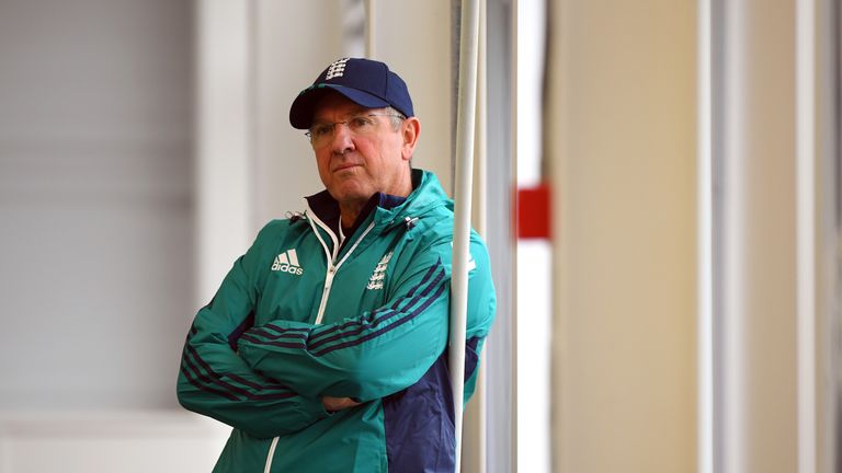 England coach Trevor Bayliss looks on during England nets session