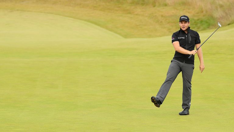 INVERNESS, SCOTLAND - JULY 10:  Tyrrell Hatton of England reacts on the 14th green during the final round of the AAM Scottish Open at Castle Stuart Golf Li