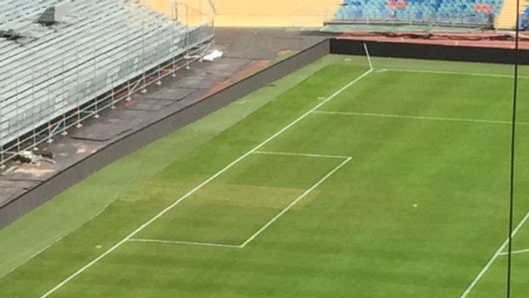 The goalmouth in Gothenburg has a worn patch down the middle of the six-yard box