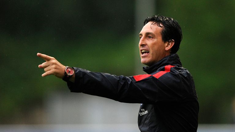 Paris Saint-Germain's new Spanish head coach Unai Emery reacts during the friendly football match against West Bromwich Albion in Schladming on July 13,201