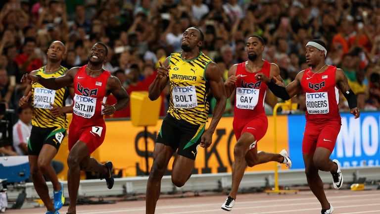 BEIJING, CHINA - AUGUST 23:  Usain Bolt of Jamaica wins gold in the Men's 100 metres final during day two of the 15th IAAF World Athletics Championships Be