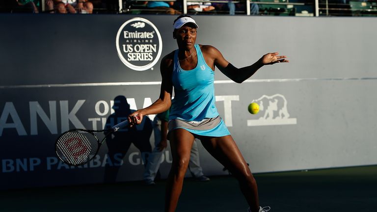 Venus Williams of the United States competes against Catherine Bellis of the United States during day five of the Bank of the West Classic